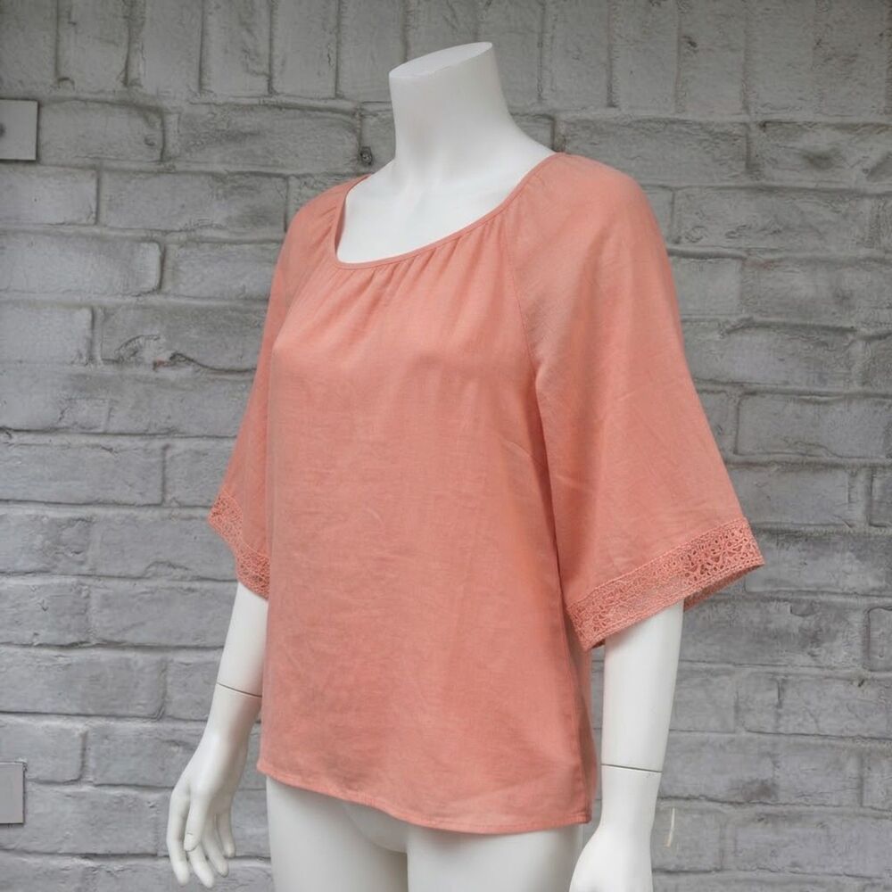 Counterparts Peach Salmon Bell Sleeve Crochet Lace Trim Gauze Blouse Size XL